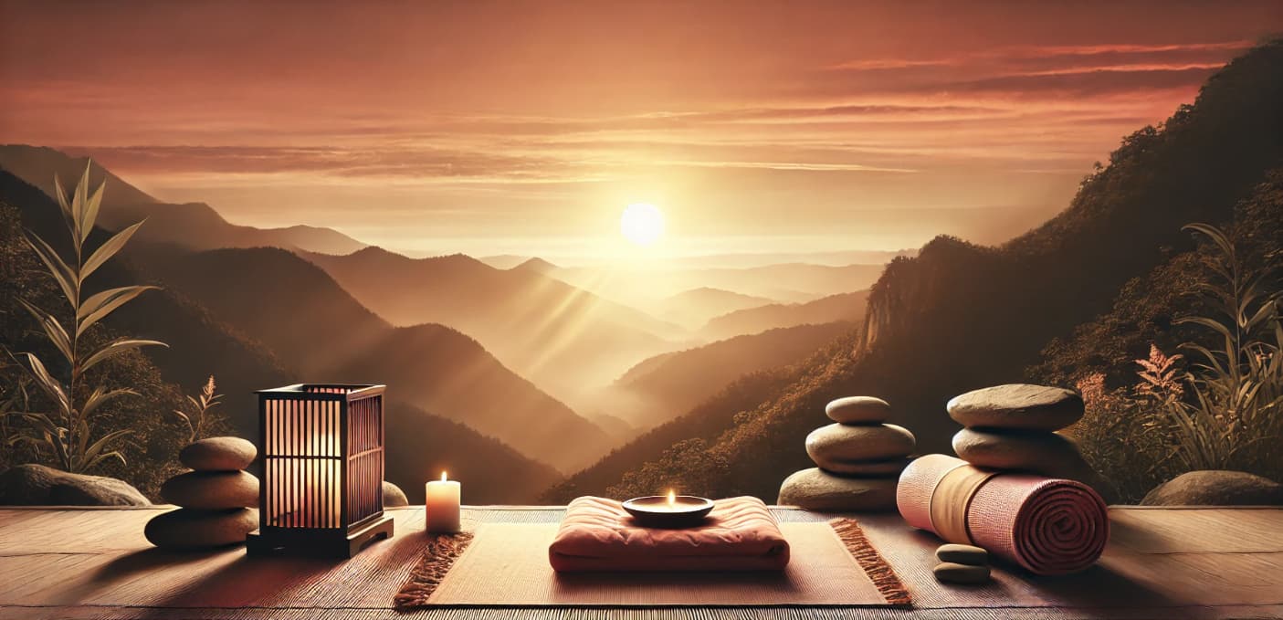 Sunset over mountains with a candle lit at the foreground