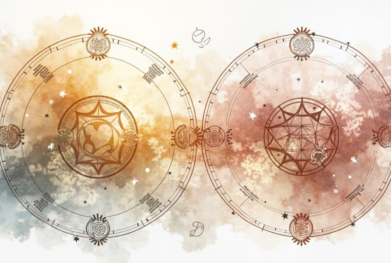 Two ornate astrological chart wheels in soft watercolor