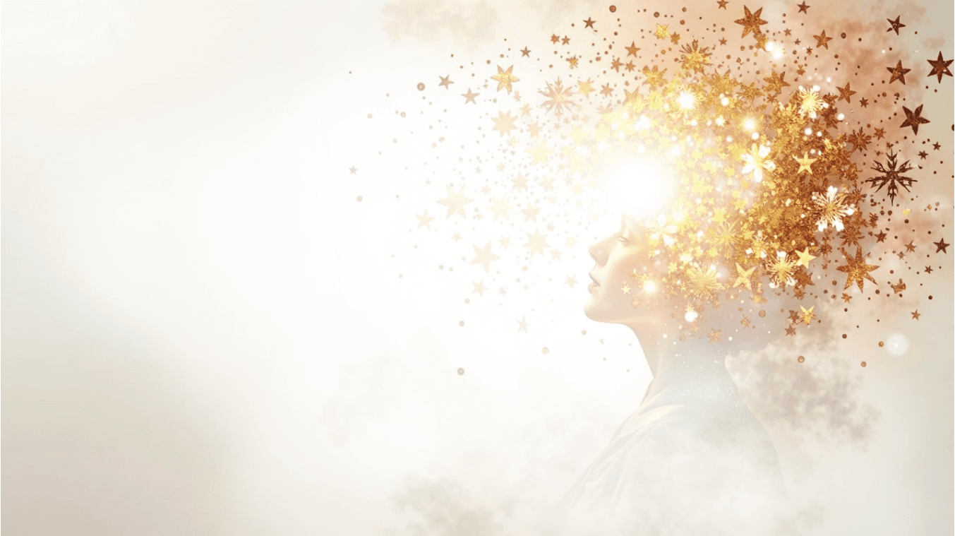 A silhouette in profile dissolving into golden stars and light