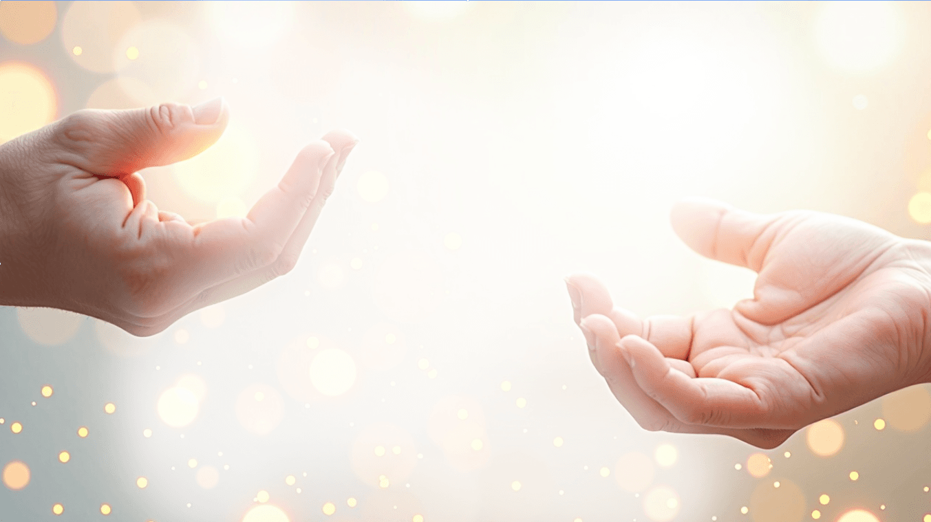 Two hands reaching toward each other amid soft golden bokeh light
